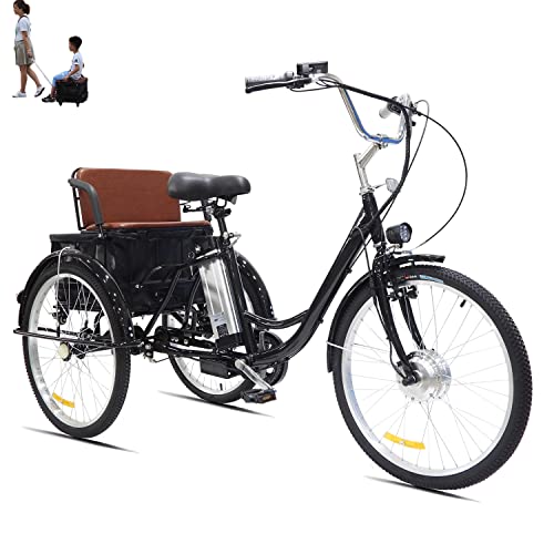 Triciclo elettrico per adulti Bicicletta a 3 ruote con seggiolino per bambini Carrello della spesa indipendente Cestino 350 W elettrico assistenza pedale， Adatto a donne uomini anziani(Nero)