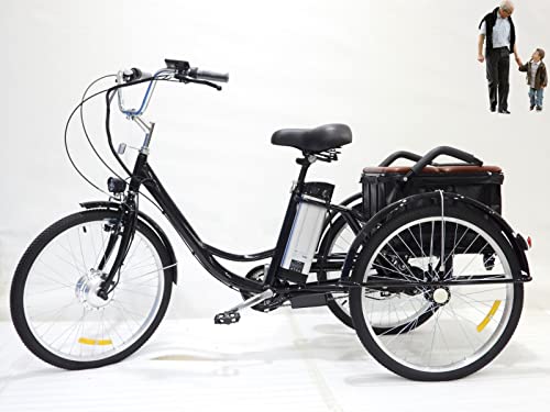 Triciclo elettrico per adulti da 24 pollici con sedile Il triciclo anziano ​assistito da batteria al litio a 3 ruote può spingere e tirare il cestello posteriore tricicli(24   black)