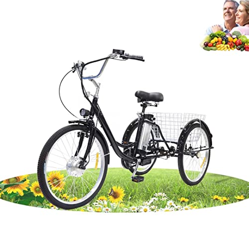 Triciclo elettrico per adulti Triciclo ibrido per bici a 3 ruote con seggiolino per bambini + cestino grande 24in 3 ruote 36V12AH Batteria al litio rimovibile elettrica assist pedale (black A)
