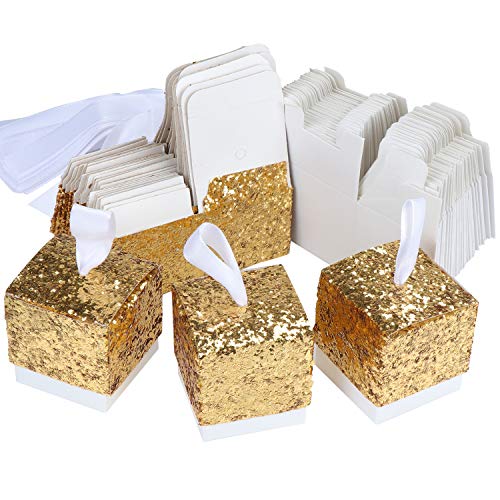 TsunNee, Scatole quadrate di carta con paillettes luminose, per caramelle e bomboniere, per matrimoni e feste Oro