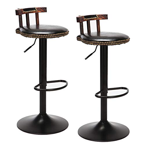 UNHO 2 - Sgabello da bar industriale, regolabile in altezza di 60-80 cm, sedia da bar girevole, design alto, con schienale e poggiapiedi, comoda seduta in legno e metallo