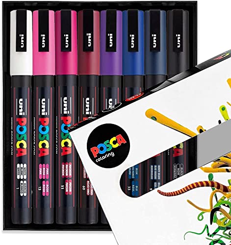 Uni Posca – Set di 8 pennarelli PC-M3, colori del crepuscolo “Midnight tones”, in confezione regalo