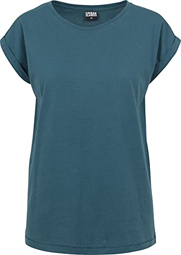 URBAN CLASSICS t-shirt da Donna con Manica Arrotolata, Maglietta a Maniche Corte da Donna in Cotone, Tee Shirt con Scollo Rotondo e Spalle Arrotondate, Colore: Verde Foglia, Taglia: L