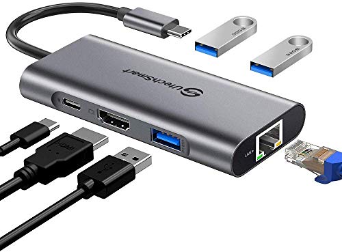UtechSmart 6 in 1 Hub USB C, 4K HDMI Adattatore USB C con 1000M Ethernet, Power Delivery, 3 Porte USB 3.0 compatibili con MacBook Air, Chromecast e dispositivi USB-C