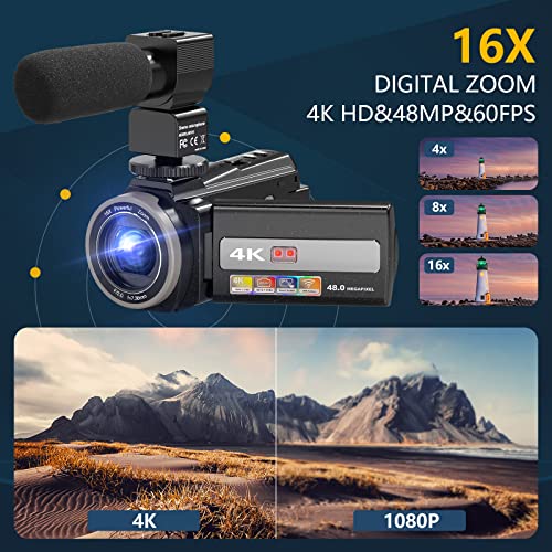 Videocamera, videocamera 4K Videocamera Vlogging, Ultra HD16 x 48 M...