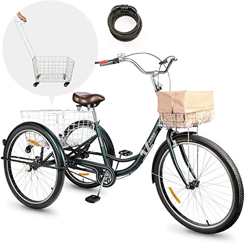 Viribus 24 pollici Triciclo per Adulti con Cestino Posteriore Anteriore Bicicletta a Tre Ruote con Cestino Impermeabile Triciclo per Uomo e Donna (Verde)