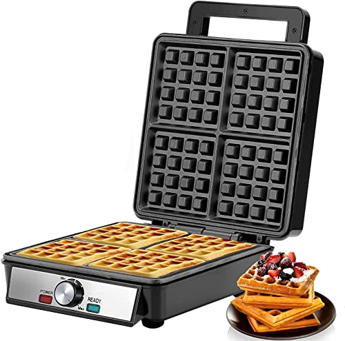 Waffle Maker, Vasip Ferro da stiro antiaderente a quattro fette, 1200 Watt, controllo della temperatura regolabile, stampo in acciaio inox per colazione e spuntini