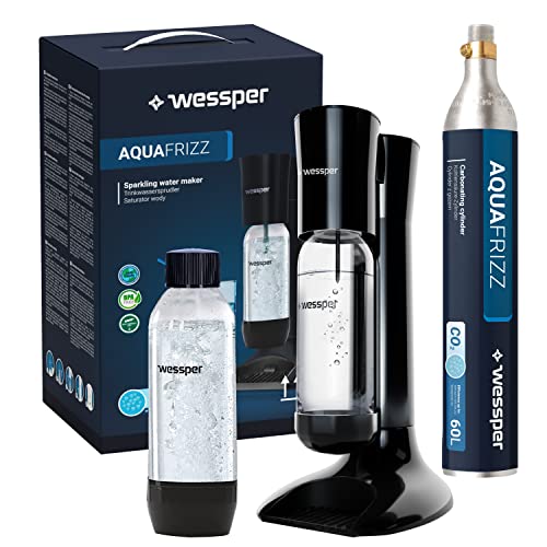 Wessper Gasatore Acqua Frizzante AquaFrizz Include 2 x Bottiglie PET Da 1L Ognuna, Senza BPA & Bombole CO2 Cilindro da 60L | Acqua Gassata Macchina Per Acqua Frizzante Automatico Gassificatore