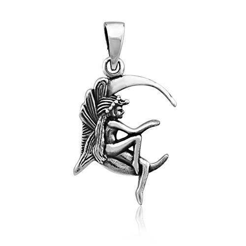 Withlovesilver in argento Sterling 925 Queen of Fairy Angel Sit on the Moon Star ciondolo