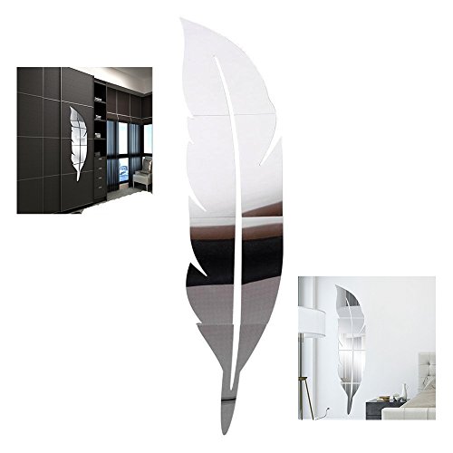 XLKJ 3D Specchio Adesivo da Parete in Acrilico,Decorazione Acrilico Specchio Adesivo Piuma Argento Removibile Bagno della Stanza Decorato per La Casa