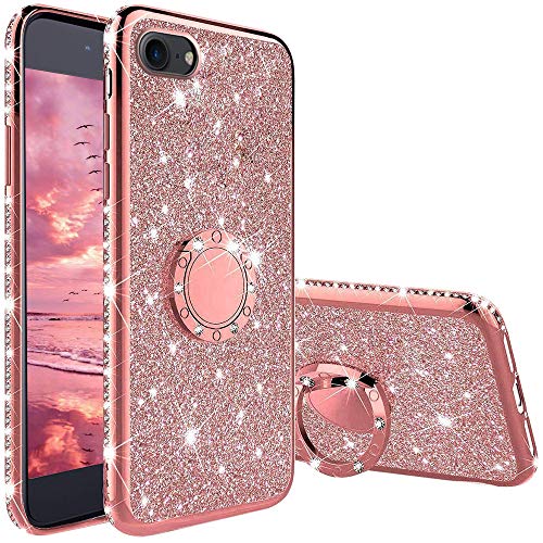 XTCASE Cover Glitter per iPhone SE (2022)   iPhone SE (2020)   iPhone 7   iPhone 8 Custodia, Brillantini Diamanti Case con Supporto Girevole a 360 Gradi Morbido TPU Silicone Antiurto Protettiva, Rosa