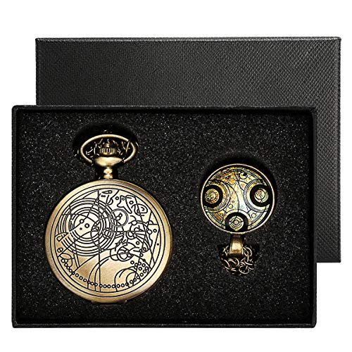 Yisuya, orologio da tasca Doctor Who stile retrò, vintage, color bronzo con catena, da uomo e ragazzo, catenina con ciondolo, in scatola regalo