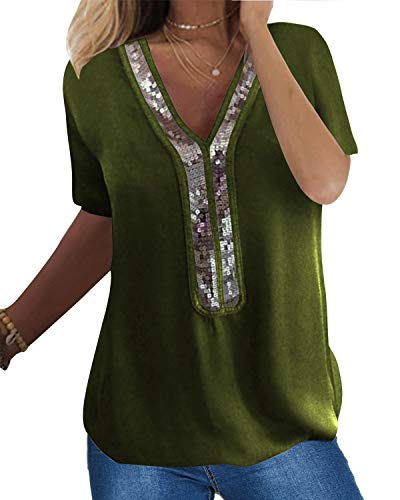 YOINS Camicia da donna con spalle scoperte, a maniche lunghe, con paillette, con glitter, verde, XL
