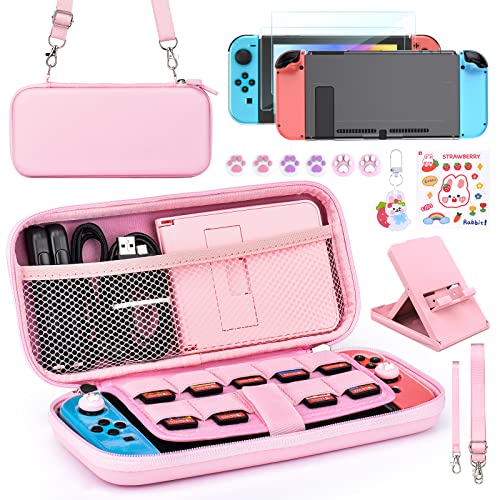 Younik Pacchetto accessori Switch, kit accessori rosa 15 in 1 per ragazze Include custodia per Switch, supporto regolabile, custodia protettiva per console Switch e J-Con (rosa brillante)