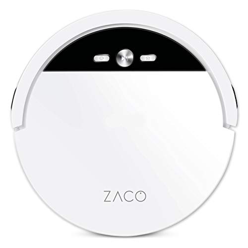 ZACO Robot aspirapolvere V4 bianco con telecomando, Aspira intelligente senza fili per pavimenti duri e parquet, Pulitore aspiratore automatico ottimo per gatti, cani e peli di animali domestici