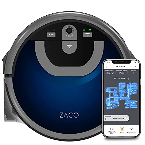ZACO W450 robot pulitore con serbatoio acqua fresca e sporca extra (nuovo 2021), fino a 80 minuti di pulizia a umido, per pavimenti duri, navigazione con telecamera, controllo tramite app e Alexa, blu