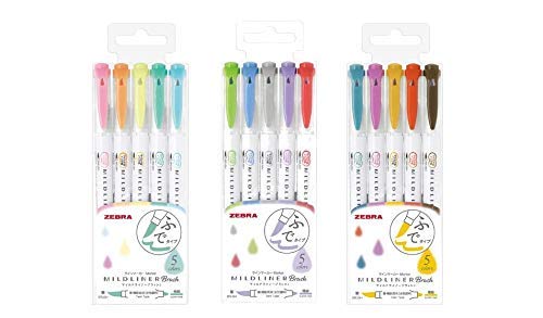 Zebra Mildliner - Set di 15 brush pen, colori pastello...