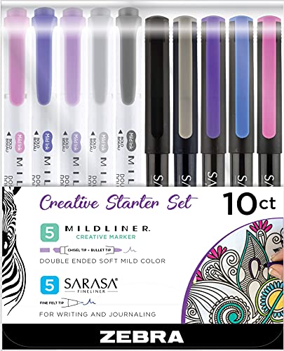 Zebra Pen Creative Starter Set, Includes 5 Mildliner Highlighters and 5 Sarasa Fineliner Marker Pens, Assorted Ink Colors, 10-Pack