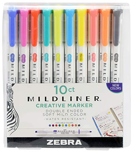 Zebra Pen Mildliner, Double Ended Highlighter, Broad and Fine Tips, Refresh and Friendly Colors, 10 -Count, 78501