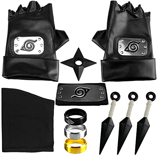 Zsroot Kakashi, set di accessori per cosplay, naruto, 1 paio di guanti anime, fazzoletto per il viso, fascia per la testa, 3 pezzi Kunai e anelli per i fan di Naruto