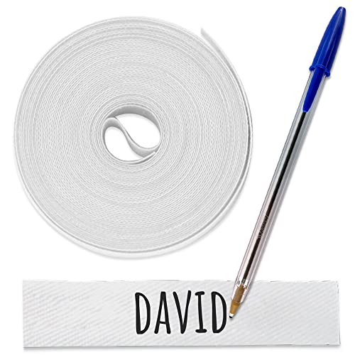 1 Rotolo di nastro in tessuto da 3 metri x 1cm, di colore bianco Etichetta termoadesiva personalizzabile con scritte. Include una penna.