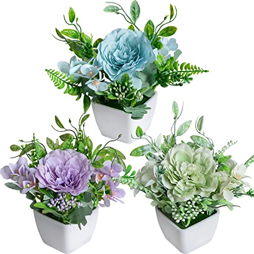 3 pezzi mini fiori artificiali in vaso, fiori di camelia di seta finta piante in vasi di plastica bianca per desktop da ufficio decorazione della festa nuziale domestica (blu, verde, viola)