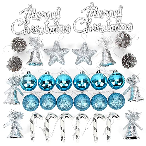32PCS Palla di Natale Blue Argento Set, Palle di Natalizie in Plastica,Ciondoli Decorazioni Natalizie Set, Ornamenti Decorativi Ciondoli Regali per Decorazioni Albero di Natale Palle Pacchetto Regalo