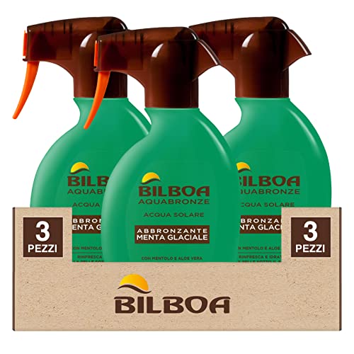 3x Bilboa Spray Acqua Solare Abbronzante Menta Glaciale con Mentolo e Aloe Vera - 3 Flaconi da 150ml