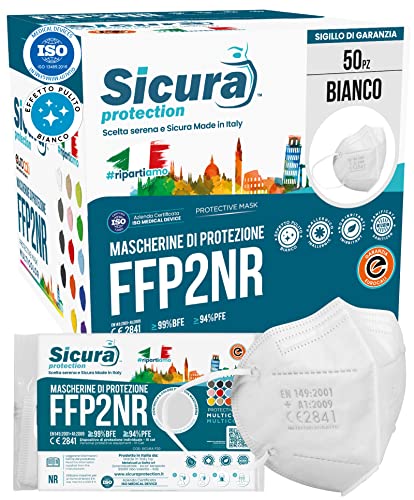 50 Mascherine FFP2 Certificate CE Made in Italy SICURA BFE ≥99% Mascherina Produzione italiana e Sanificata. Pluricertificata ISO 13485 e ISO 9001 EN 149:2001+A1:2009