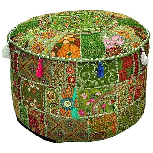 Aakriti Indian Pouf Footstool with Embroidery Pouf, Indian Cotton, Pouf, Ottoman Pouf Cover with Ethnic Decor Art - Cover (Green, 56x35 CMS)