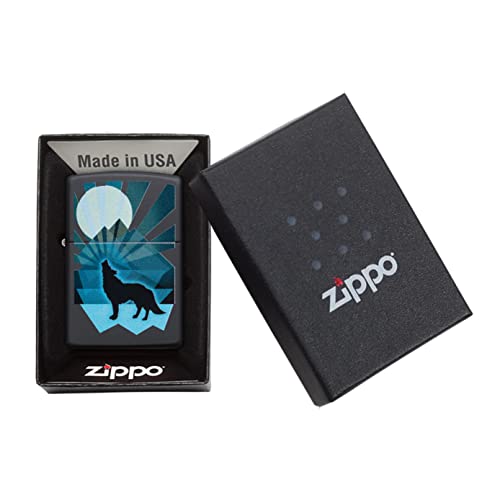 Accendino Zippo Wolf and Moon Design 29864, Accendino Antivento Ricaricabile Zippo, Realizzato in Metallo con Caratteristico  click  Zippo, Color Nero, Made in USA, Ottima Idea Regalo