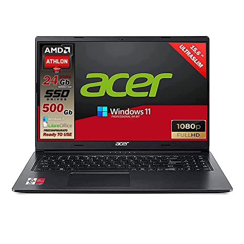 Acer Notebook Athlon 3050u, RAM da 24 Gb Ddr4, SSD da 500 Gb, Display LED FULL HD da 15,6 web cam, 3 usb, hdmi, bt, lan,wi-fi, Win11 Pro, Libre Office, Pronto all uso e preconfigurato Garanzia Italia