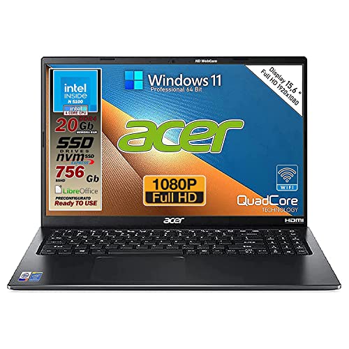 Acer Notebook Intel N5100 4 Core, Ram da 20 Gb Ddr4, SSD M.2 PCi 256Gb + HDD 500 Gb, Display Full HD da 15,6 , Web cam, usb, hdmi, bt, lan, wi-fi, Win11 Pro, Libre Office, Pronto all uso Gar. Italia