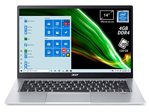 Acer Swift 1 SF114-33-P0HB PC Portatile, Processore Intel Pentium N5030, Ram 4 GB, 128 GB SSD, Display 14  FHD IPS LED, 1,3 Kg, Batteria 16 ore, Windows 10 Home in S mode, Spessore 14,95mm, Argento