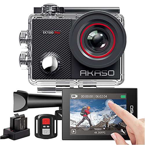 AKASO Action Cam 4K 20MP WiFi,Touch Screen,Telecomando,Angolo Variabile,Giroscopio Antitremore,Fotocamera Subacquea 40M,Caricabatterie con 2 Batterie 1050mAh x2 e Kit di Accessori (EK7000 Pro)