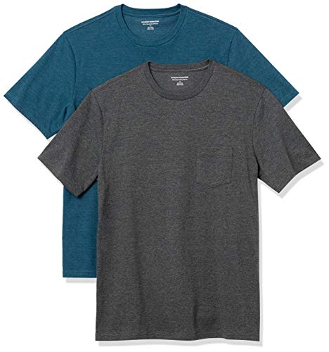 Amazon Essentials T-Shirt Girocollo con Tasca a Maniche Corte Slim Uomo, Pacco da 2, Foglia di tè Carbone Puntinato, L