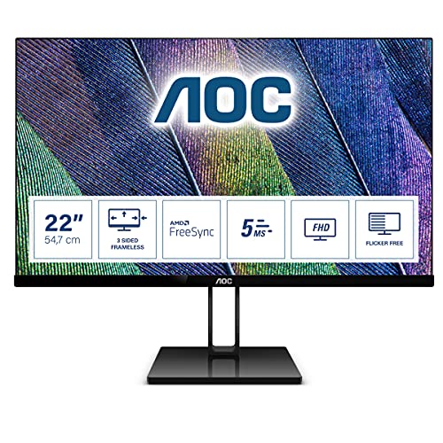 AOC 22V2Q Monitor LED da 21.5  IPS, FHD, 1920 x 1080, Senza Bordi, HDMI, DP, Nero
