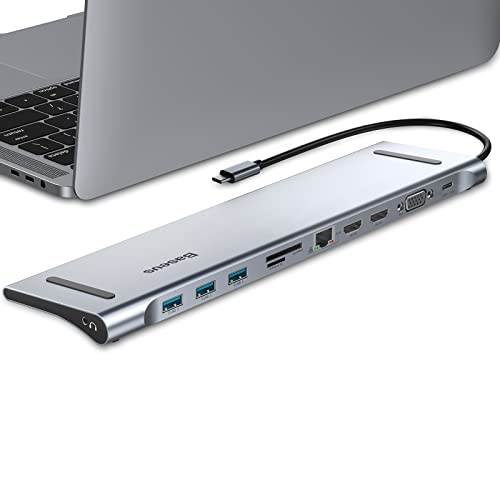 Baseus 11 in 1 Docking Station Hub USB C Triple Display Adattatore USB C Hub con 2 4K HDMI, VGA, 3 USB 3.0, 60W PD, Lettore di schede SD TF, Ethernet, Audio da 3,5 mm per MacBook Pro Air e Windows