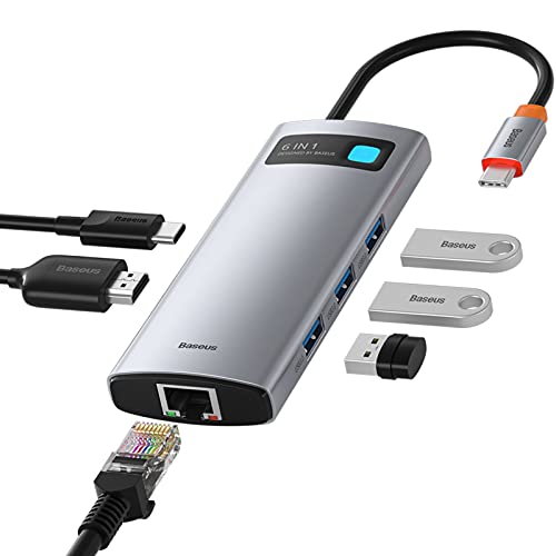 Baseus Hub USB C Adattatore Multiporta 6 in 1 Tipo C Hub Portatile con HDMI 4K, Porta 1Gbps Ethernet, 3 USB A 3.0, USB C PD da 100W Compatibile per MacBook PRO Chromebook XPS & Dispositivi USB C