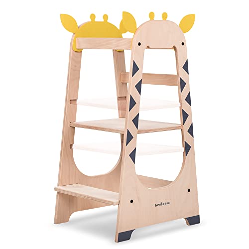 Beeloom - Torre di apprendimento Montessori in legno, GIRAFFE TOWER, sgabello per attività per bambini giallo, con 3 gradini regolabili in altezza