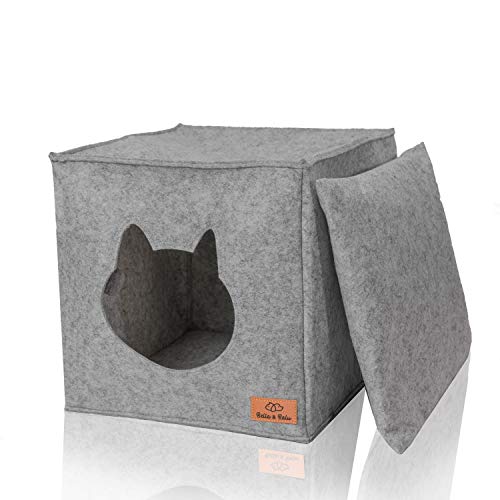 Bella & Balu Grotta per Gatti con Cuscini e Giocattoli | Ideale per Ikea Kallax e Expedit – Casetta Pieghevole per nascondersi e affilare Gli Artigli (Grigio)