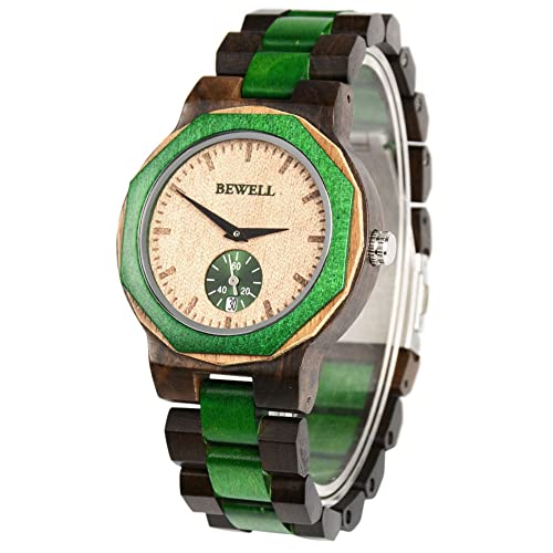 Bewell Orologio da uomo in legno,stile casual con orologi in legno in colori misti da uomo (verde e nero)