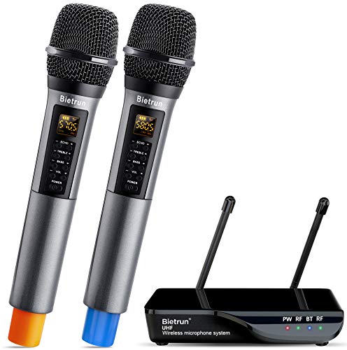 Bietrun Microfono Senza Fili UHF Doppio Microfono Wireless Microfono karaoke palmare 50M Effetti sonori bassi eco alti Riproduzione musicale Bluetooth 6,35 mm 3,5 mm per Home, karaoke, concerto, Party
