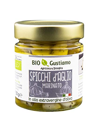 Bio Gustiamo - 6 Vasetti BIO Aglio Marinato sott olio EVO | Spicchi di Aglio sott olio in extra vergine d oliva biologico italiano | Vegano & Senza Glutine | 100% Italiano | 6 x 200 gr