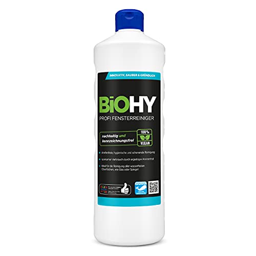 BiOHY Detergente per finestre professionale (Bottiglia da 1l) | Detergente per vetri concentrato, ideale per tutti i LAVAVETRI, Kärcher, Leifheit (Profi Fensterreiniger)