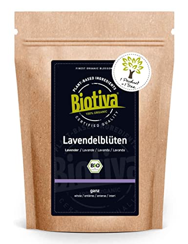Biotiva Fiori di lavanda Bio - 100g - interi - qualità biologica straordinaria - tè - confezionato e certificato in Germania (DE-eco-005)