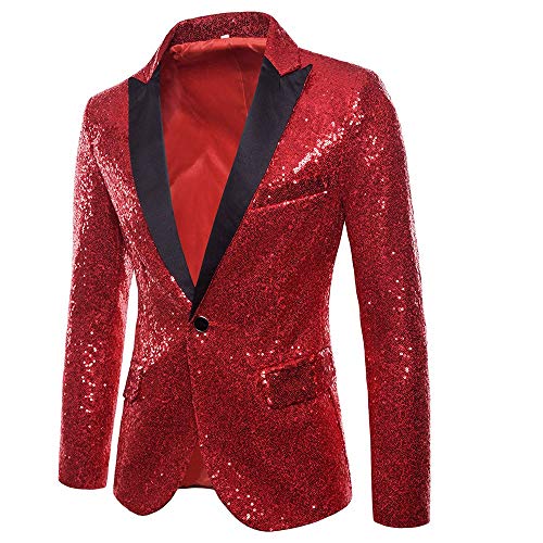 Blazer Uomo Eleganti Giacche Paillettes Slim Fit Giacca Formale e Casual Suit Monopetto Tuxedo Host Festa Party Camicia (XL, Rossa)