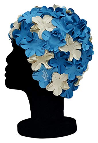 Blue Reef Isla Floral - Cappello da nuoto da donna, stile classico, retrò, 3D, con petali di fiori, 3 colori, stile vintage, taglia unica, per adulti (blu celeste blu bianco)