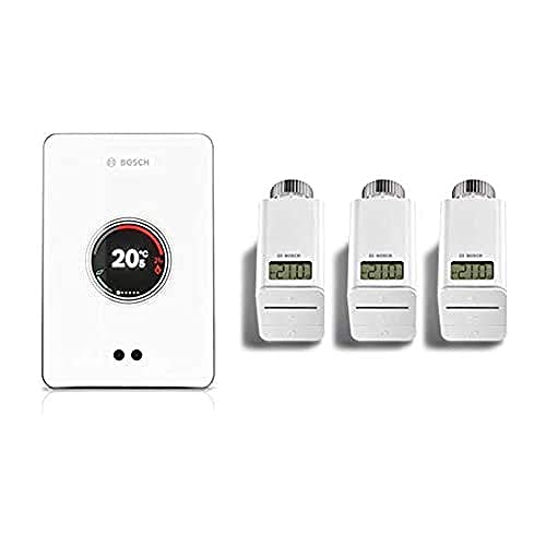 Bosch SET Termostato smart WiFi EasyControl CT 200 bianco per caldaie Bosch + 3 Valvole Elettroniche ETRV - Controllo temperatura in ogni stanza