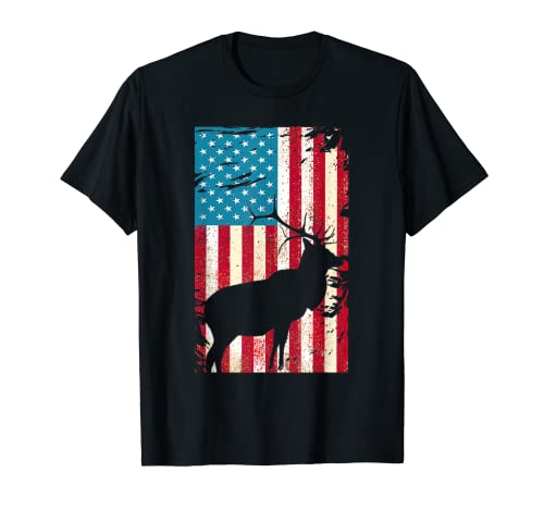 cacciatori americani, 4, luglio, caccia, cervo, vendemmia, bandiera USA Maglietta